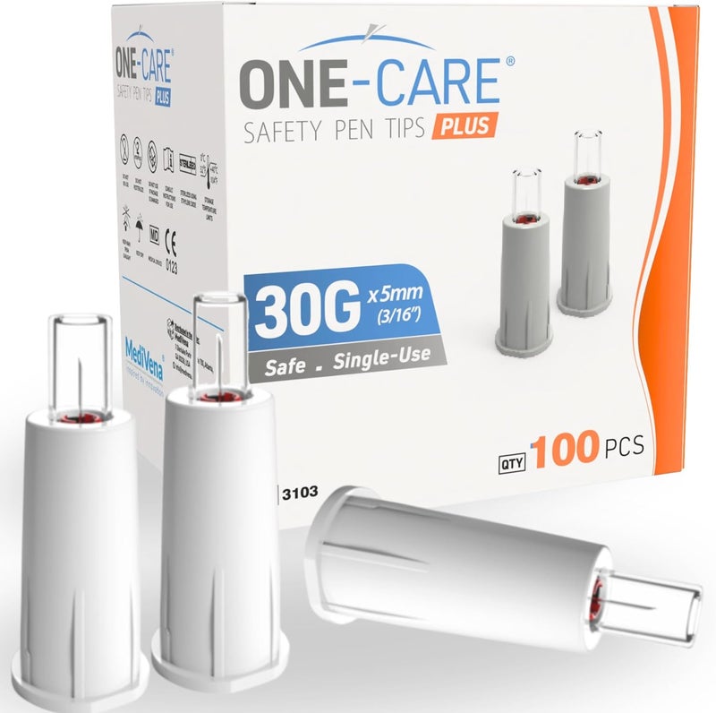 Onecare Plus Safety Pen Tips 30G x 5mm, Comfort, Universal Design, Box of 100 - Image 1